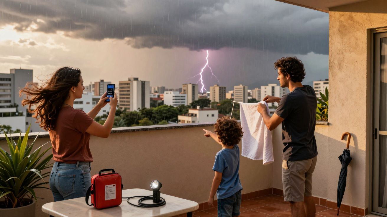 Família numa varanda observa relâmpago ao longe; mulher fotografa, homem seca roupa e criança aponta.