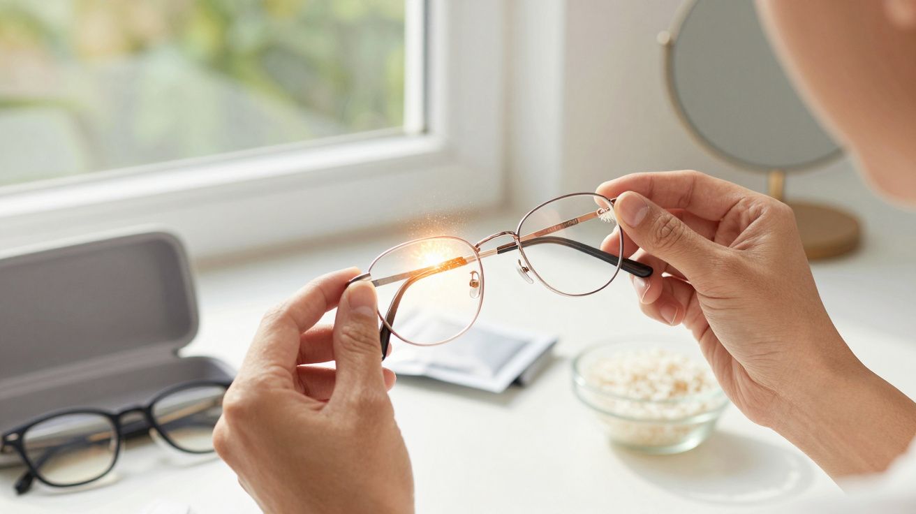 Mãos seguram óculos com uma luz brilhante nas lentes, num ambiente doméstico junto a uma janela.