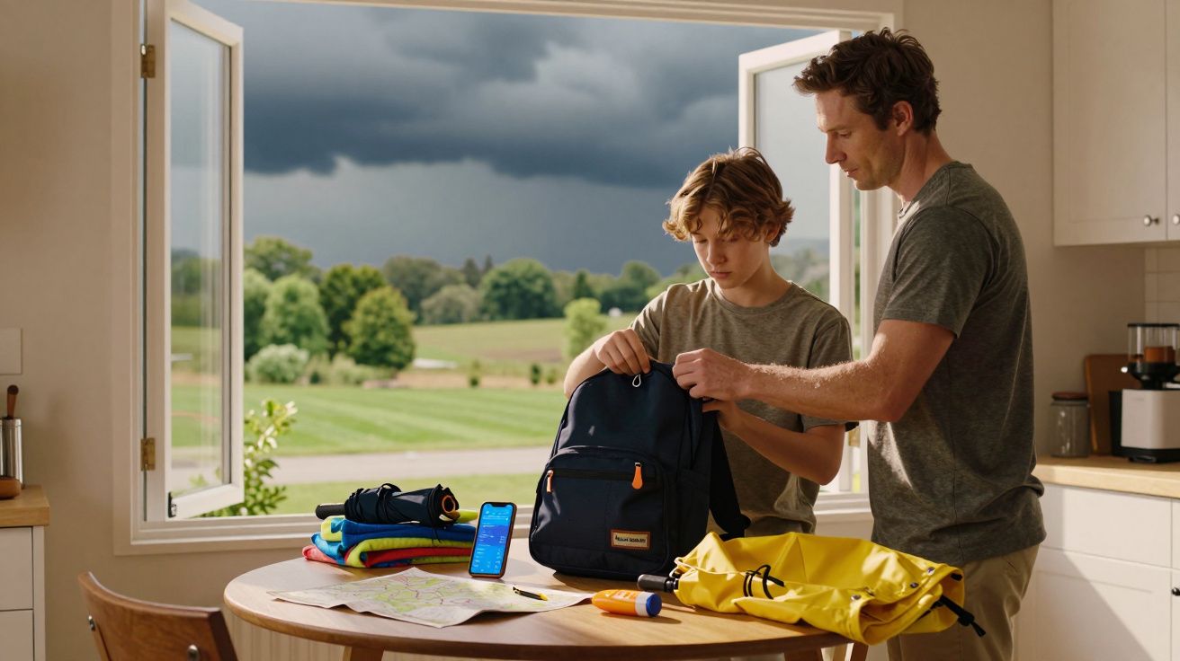 Pai e filho preparam mochila na cozinha, com tempestade visível pela janela aberta ao fundo.