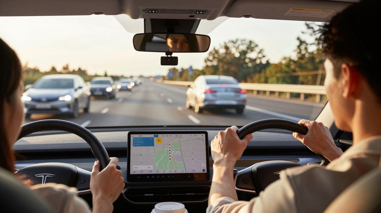 Duas pessoas num carro, cada uma a conduzir, com um ecrã de navegação visível no painel de controlo. Estrada à frente.