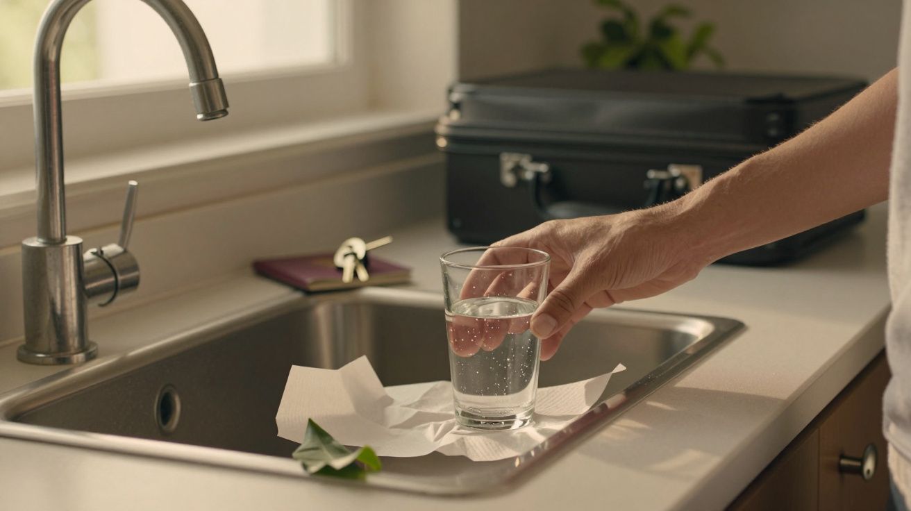Mão segurando copo de água sobre a pia, com mala e chaves ao fundo.