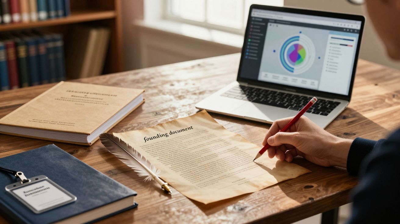 Pessoa escrevendo num documento à mão, com um computador portátil e livros ao fundo.