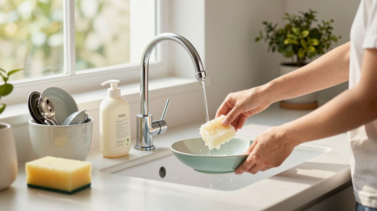 Pessoa a lavar louça na cozinha com uma esponja sob água corrente.