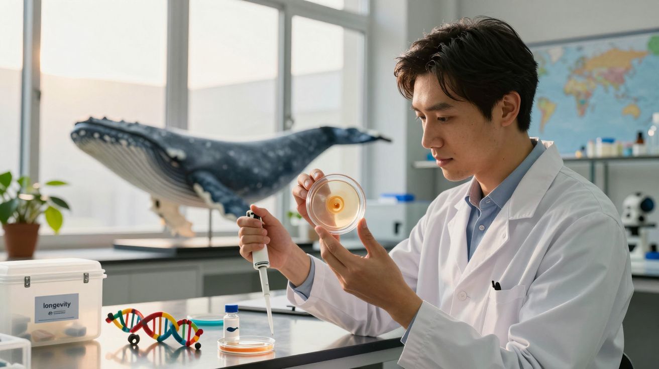 Cientista asiático analisa amostra em laboratório com modelo de baleia e mapa ao fundo.