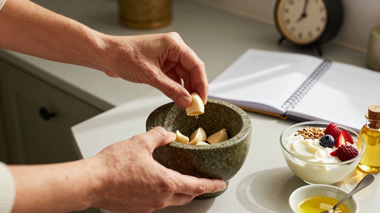 Pessoa a colocar alho num almofariz; iogurte com frutas e mel numa mesa.
