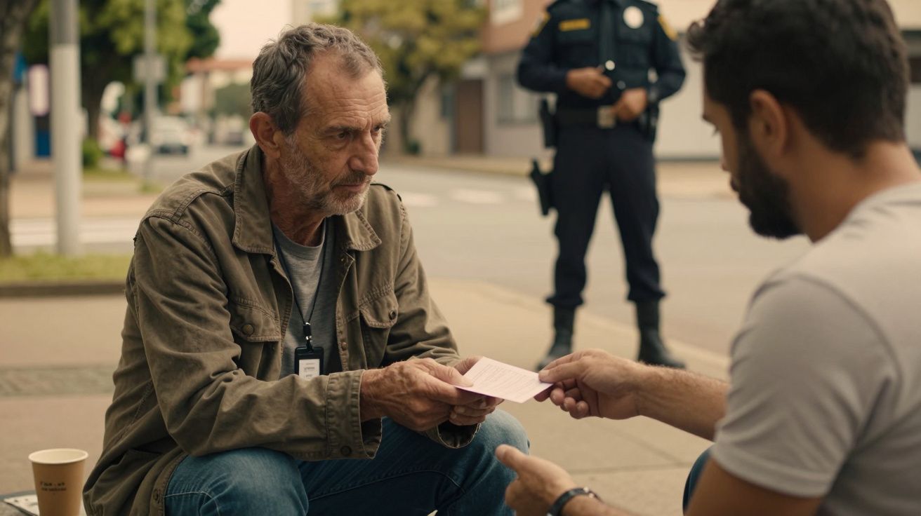 Homem de barba grisalha entrega papel a outro homem numa rua, com polícia ao fundo. Copo descartável ao lado.