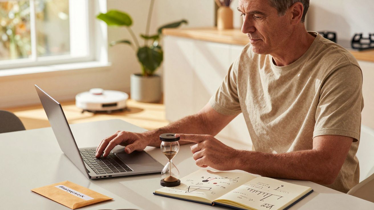 Homem sentado à mesa, a trabalhar no portátil, com ampulheta e caderno aberto ao lado.