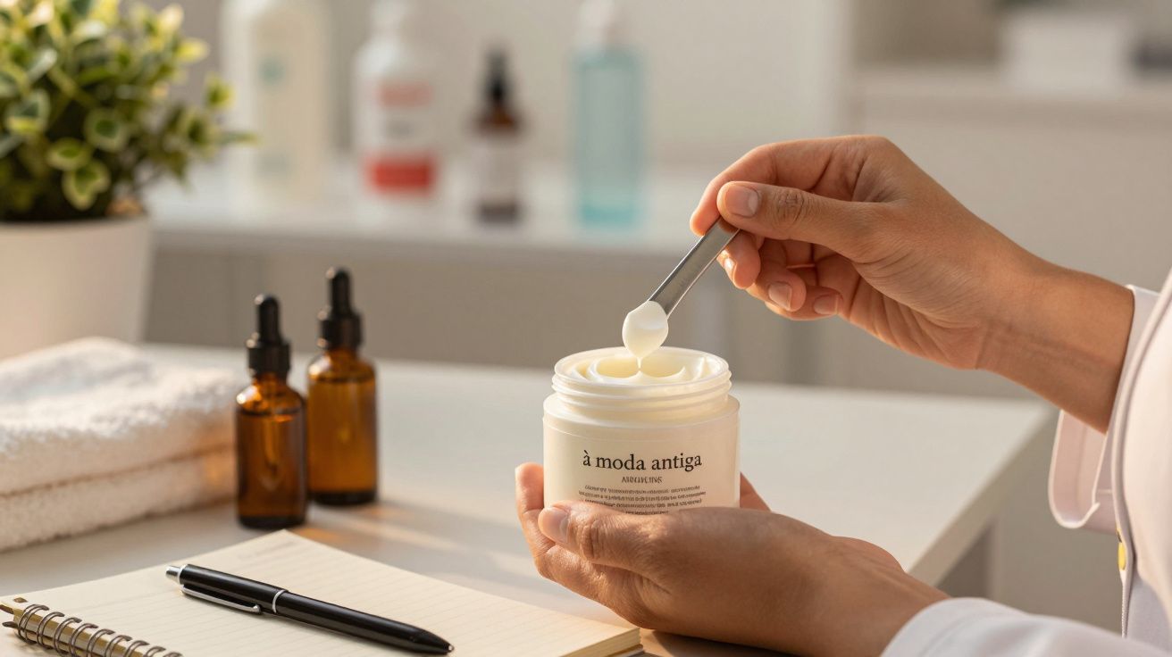 Mão segurando pote de creme "à moda antiga" com espátula, ao lado de caderno e frascos em cima da mesa.