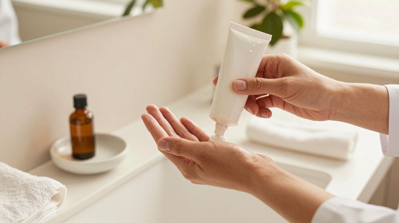 Mãos aplicam creme na palma, junto a cosméticos e toalha em casa de banho com plantas ao fundo.