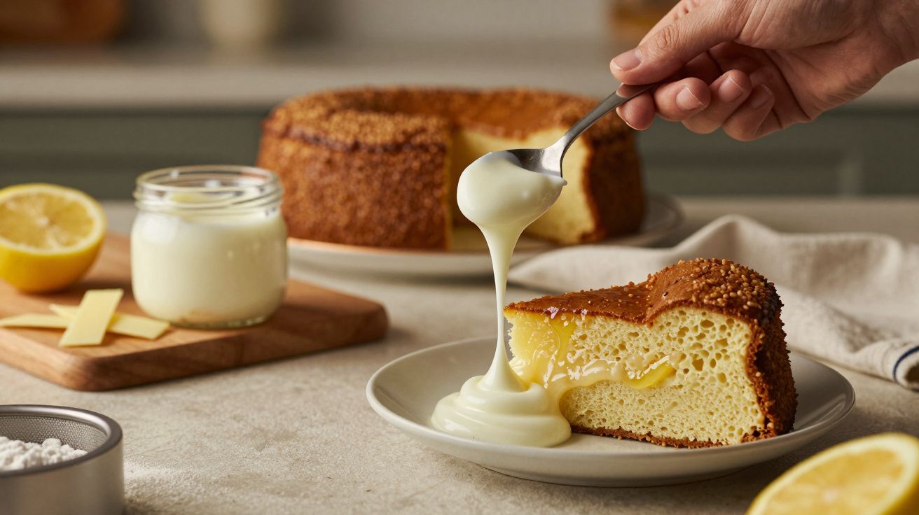 Fatia de bolo com recheio de limão sendo coberta com creme por uma colher. Potinho de creme e limões ao fundo.