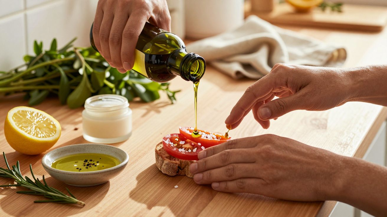 Mãos a verter azeite sobre torrada com tomate, rodeadas de limão, molho e ervas numa bancada.