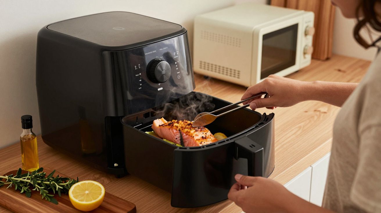 Pessoa prepara salmão numa fritadeira a ar quente numa bancada de cozinha em madeira, ao lado de um micro-ondas e ingrediente