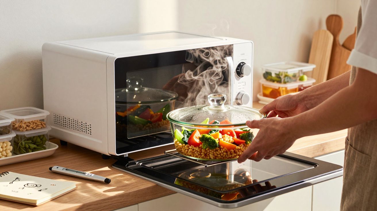 Pessoa retira travessa de vidro com vegetais cozinhados de um forno elétrico numa cozinha bem iluminada.