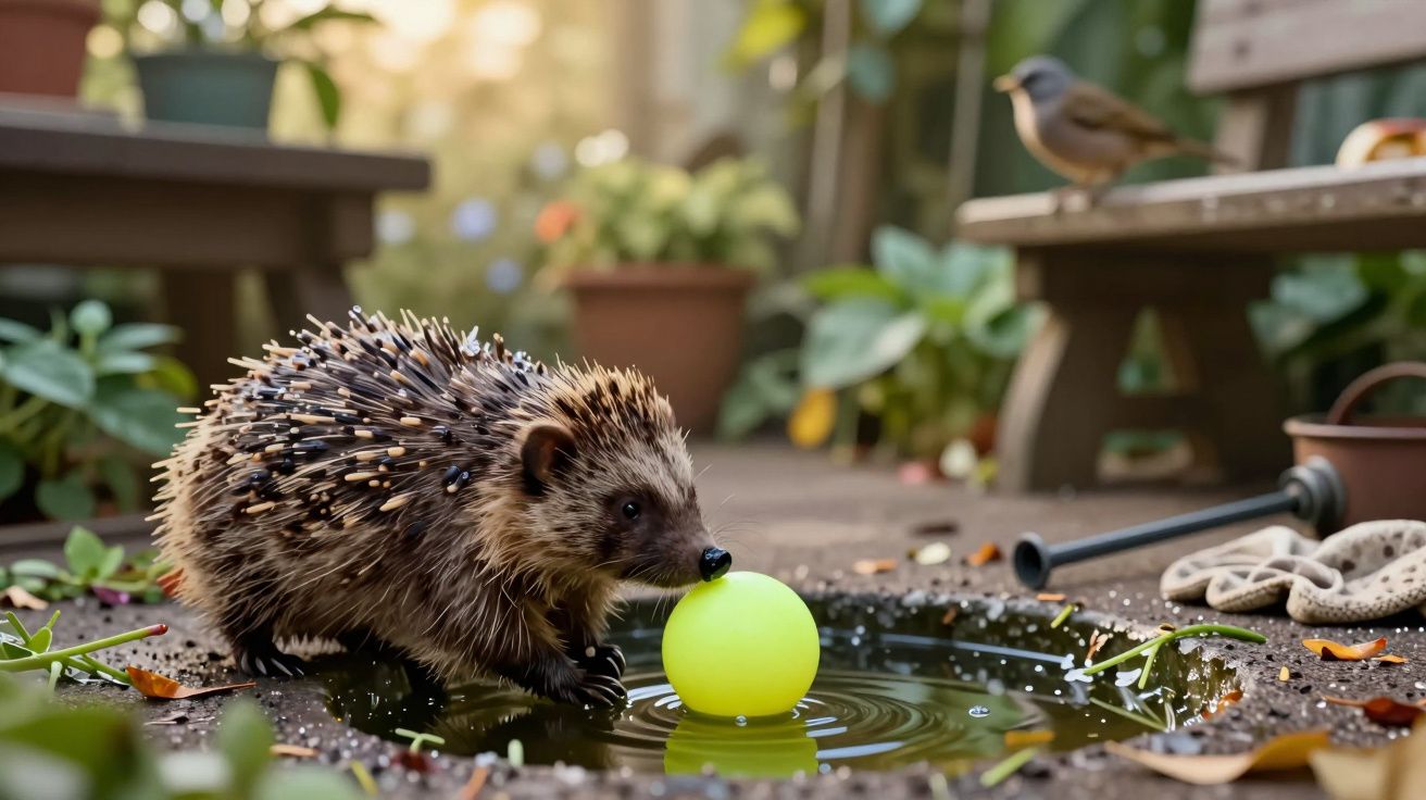 Ouriço brinca com bola amarela junto a pequena poça, rodeado por plantas. Pássaro empoleirado em banco ao fundo.