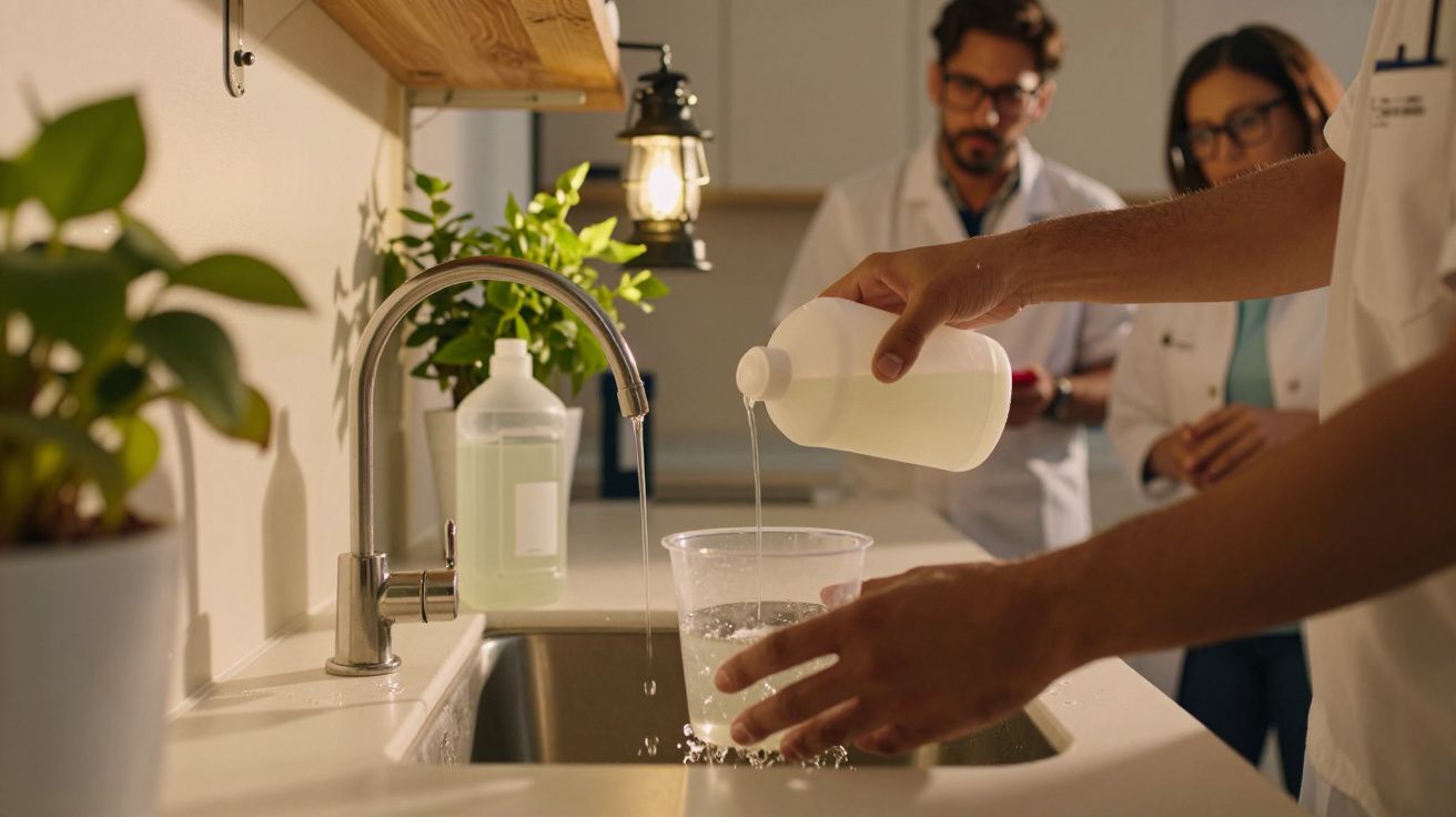 Pessoa a verter líquido transparente num copo perto de uma pia, com duas pessoas ao fundo em ambiente de laboratório.