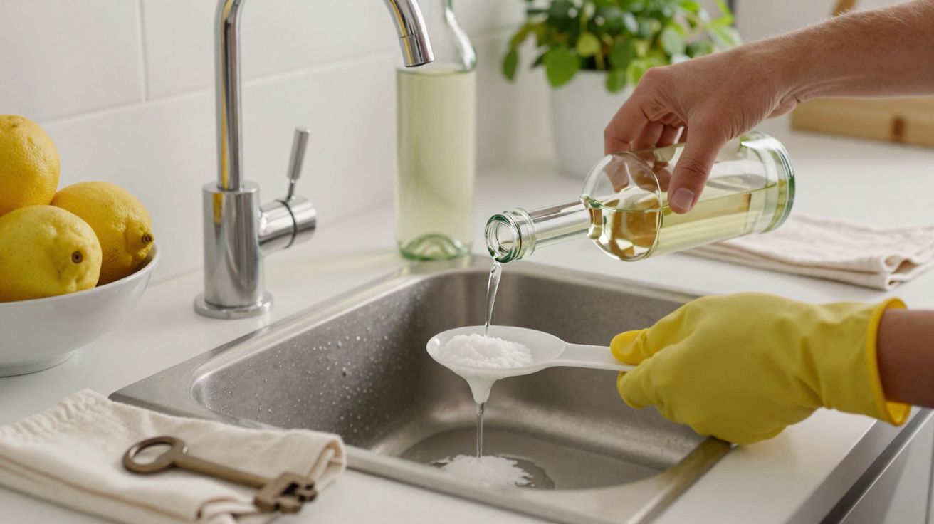 Mão com luva amarela despeja líquido em colher com pó, sobre lava-loiça. Limões e plantas ao fundo.