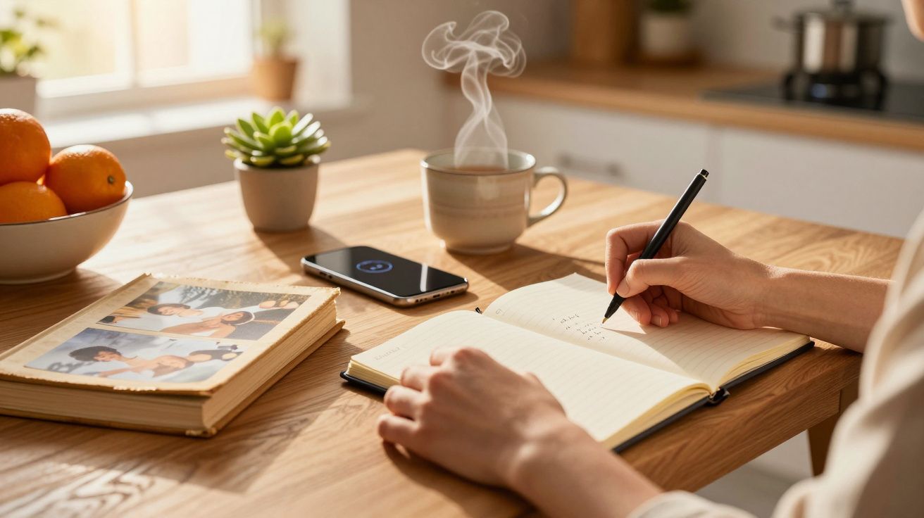 Pessoa escreve em caderno numa mesa com fotografia, chávena a fumegar, smartphone e tigela de laranjas.