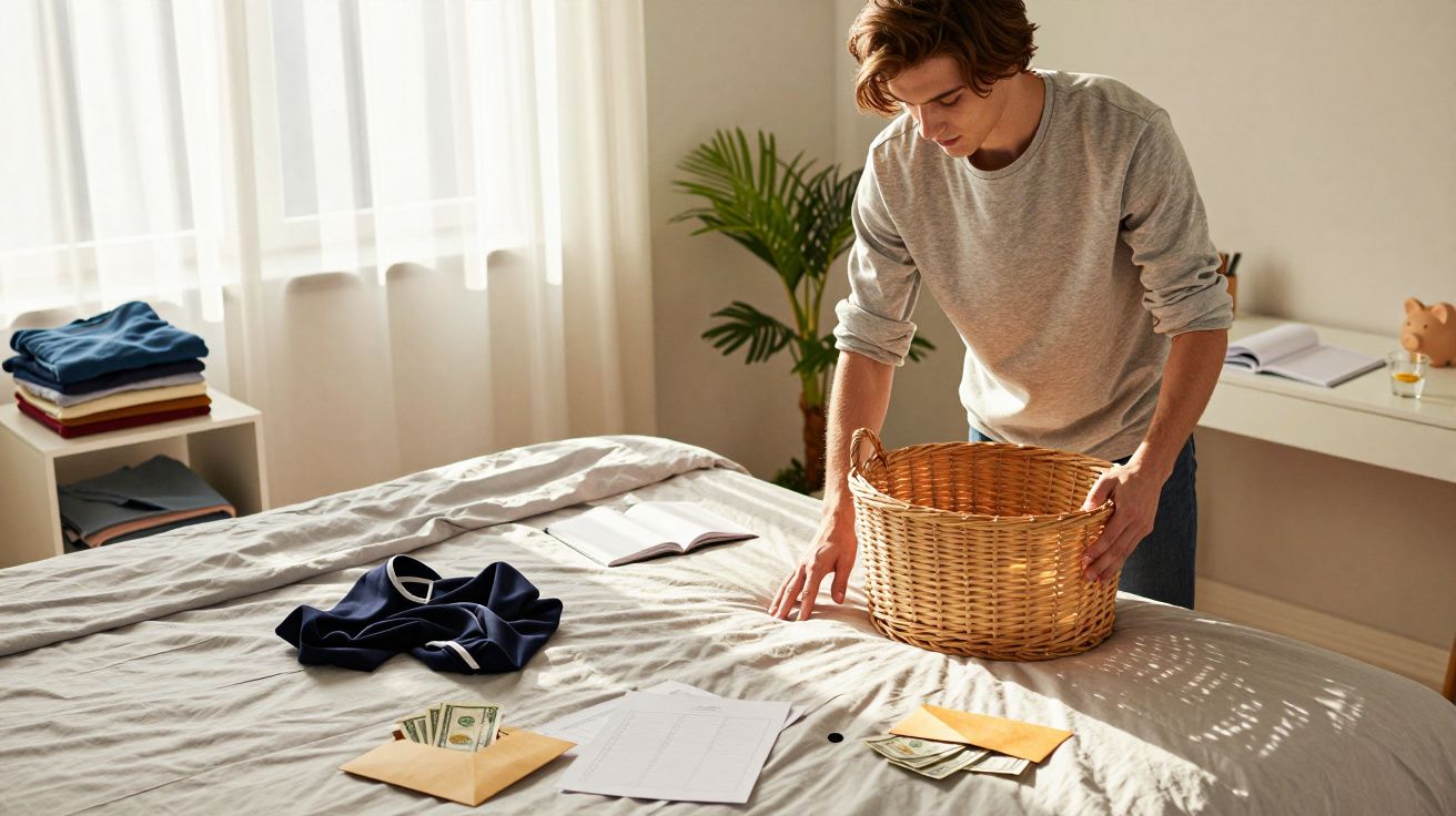 Homem arruma objetos numa cama com cesto de roupa. Existem notas, envelopes e roupa. Quarto iluminado por janela.