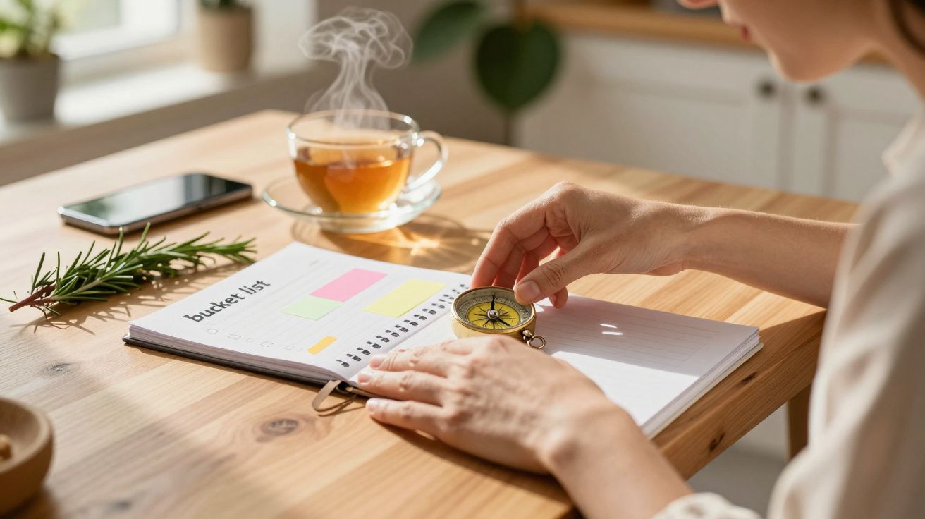 Pessoa revê lista de tarefas ao lado de chá quente numa mesa de madeira com plantas.