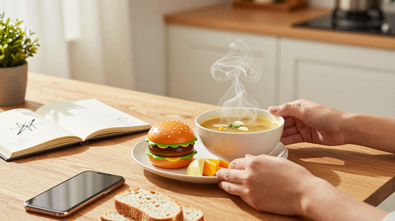 Pessoa segura taça de sopa fumegante sobre mesa com livro, smartphone, pão, brinquedo de hambúrguer e limão.