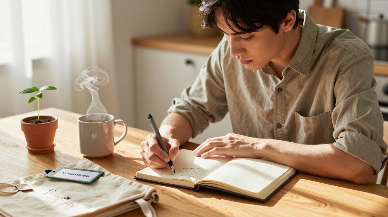 Homem escreve em caderno numa mesa com planta, caneca de café fumegante e saco com crachá.