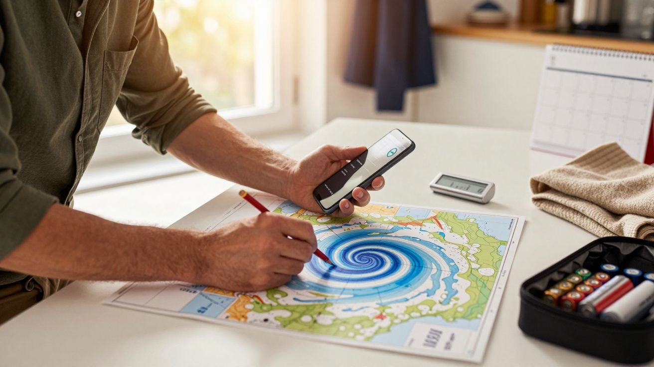 Pessoa a desenhar numa mapa meteorológico, segurando um telemóvel.