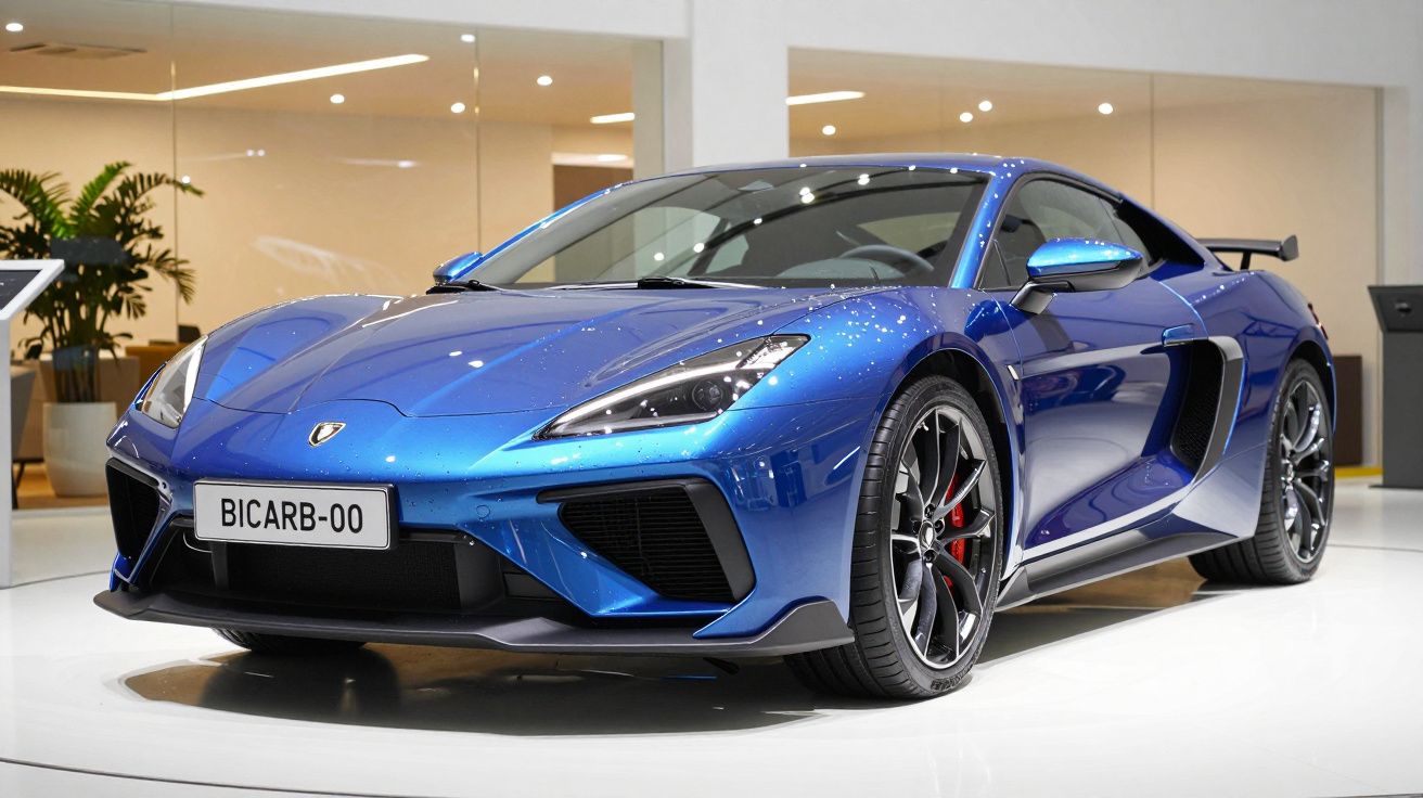 Carro desportivo azul num showroom iluminado, com matrícula BICARB-00.