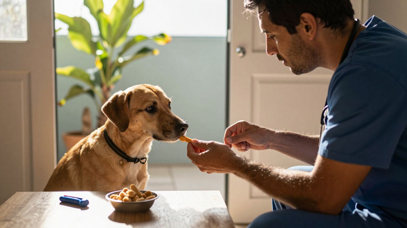 Homem oferece biscoito a cão castanho em casa iluminada por luz natural, com planta ao fundo.