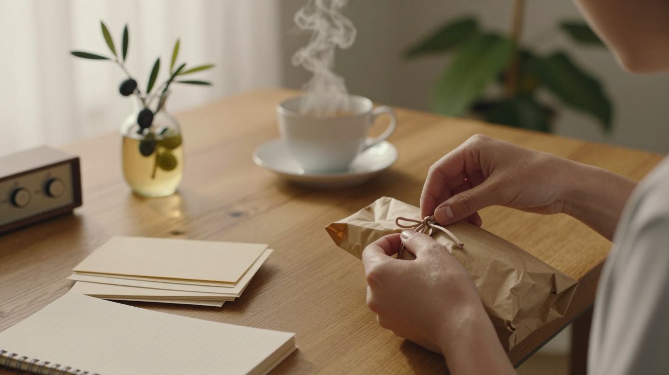 Pessoa a abrir um pacote em papel pardo numa mesa com chávena fumegante e caderno ao lado.