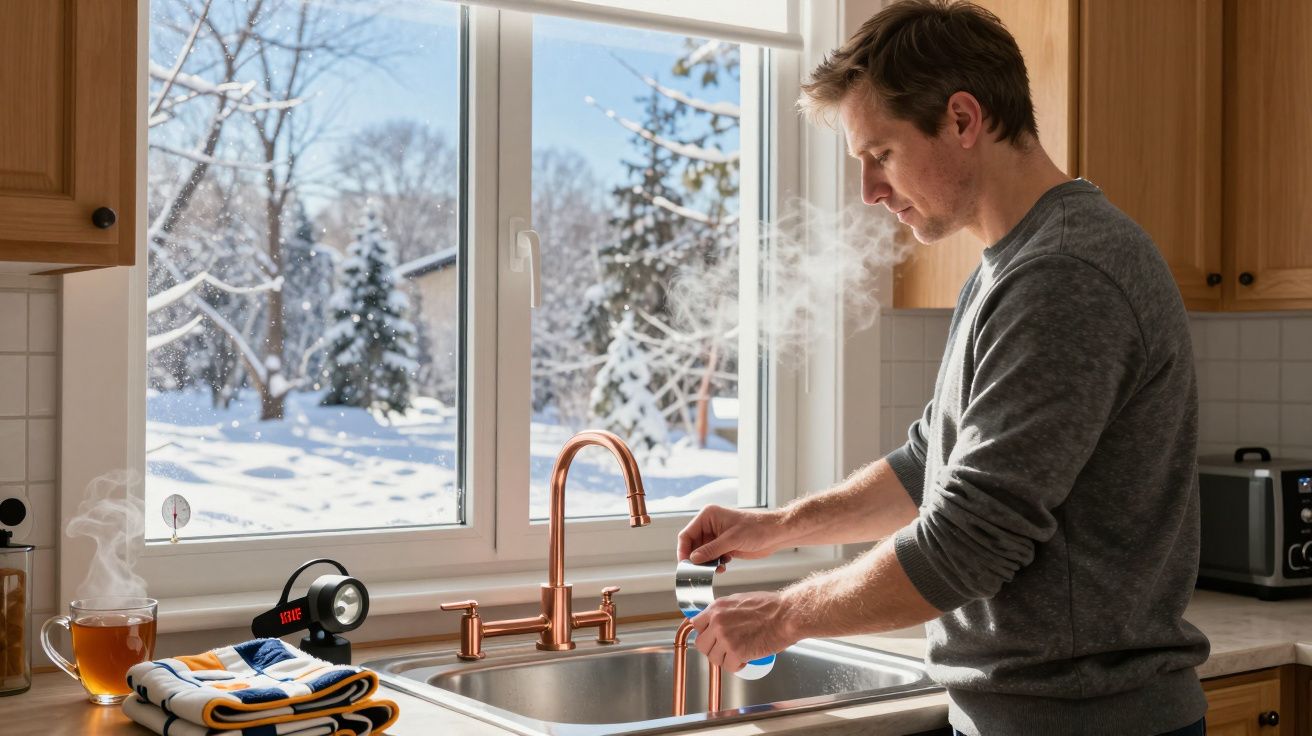 Homem lavando pratos num lava-loiças, com neve visível através da janela ao fundo. Vapor sobe da água.