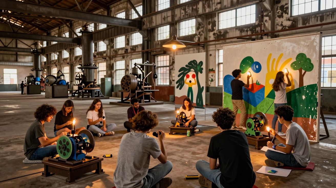Jovens em atividades artísticas numa fábrica, pintando murais e trabalhando com projetores de luz.