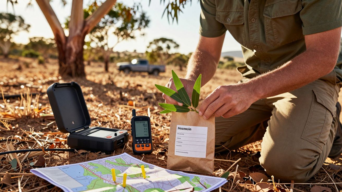 Pessoa ajoelhada no solo, segurando folhas numa bolsa, com mapa e equipamento de medição ao lado. Fundo de árvores e carro.