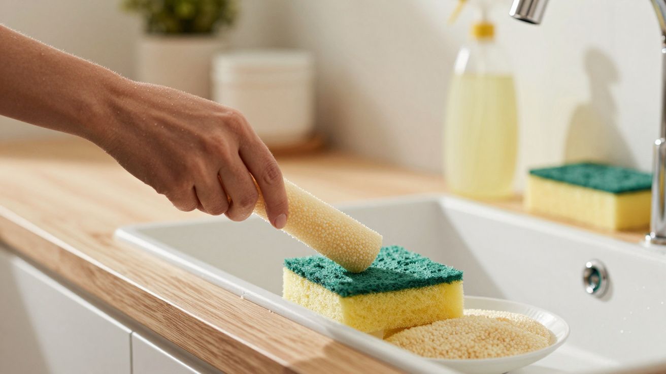 Mão segurando esponja amarela e verde numa pia de cozinha com sabão em cima.
