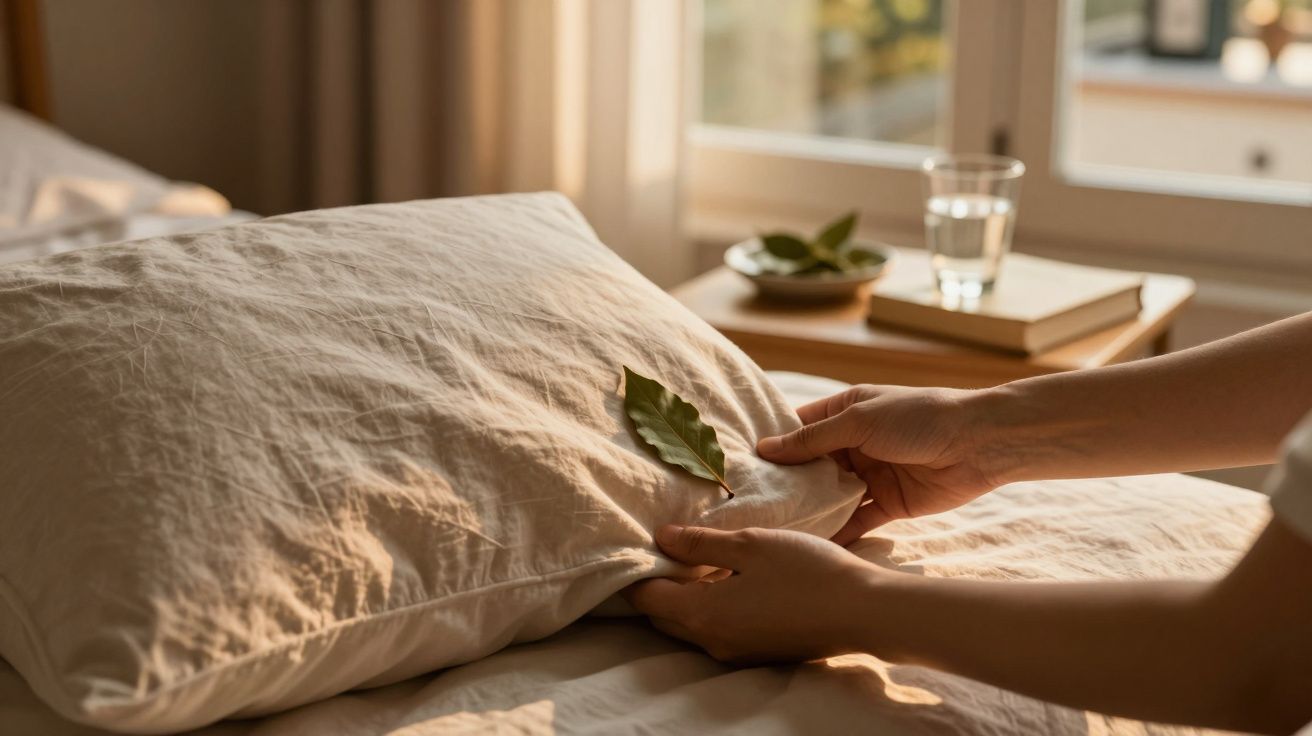 Mãos ajeitam almofada com folha verde numa cama iluminada, perto de uma mesa com copo de água e livros.