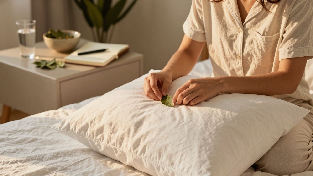 Pessoa em pijama coloca uma folha verde numa almofada branca num quarto iluminado.