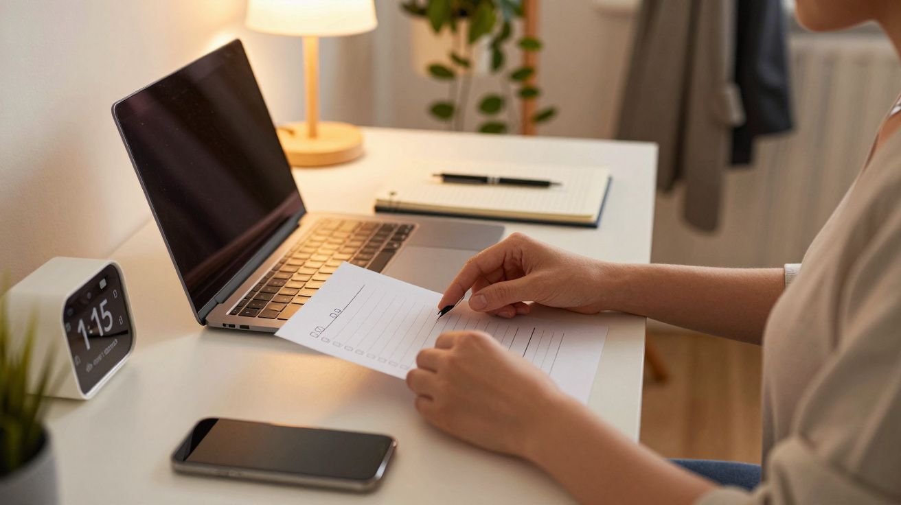 Pessoa segurando lista de tarefas em frente a portátil numa mesa com despertador, telemóvel, bloco de notas e planta.