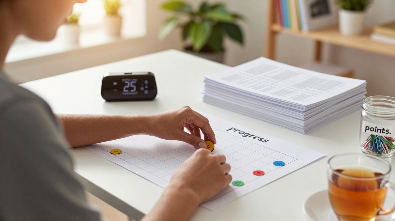 Pessoa mexe peças num quadro de progresso; na mesa, papéis, chá, despertador e jarra com clipes coloridos.