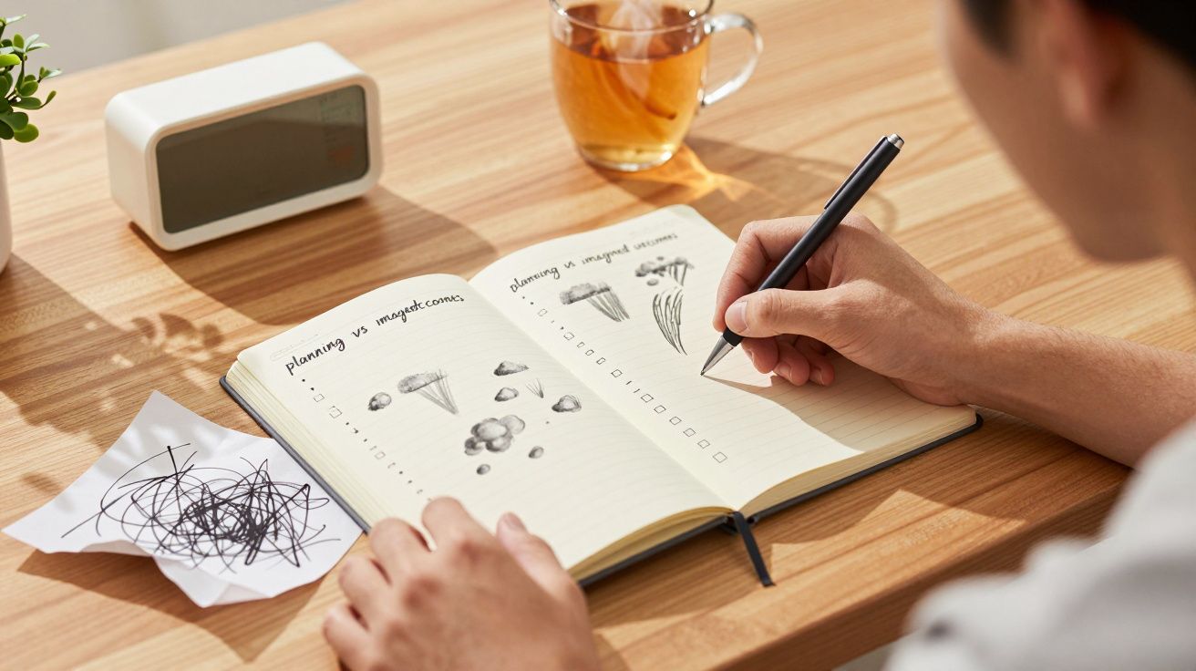 Mão masculina a desenhar num caderno sobre uma mesa com chávena de chá, bloco com rabiscos e relógio digital.