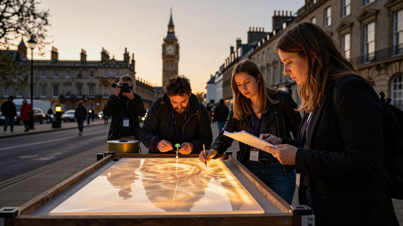 Três pessoas investigam um mapa iluminado numa mesa ao ar livre, perto de um icónico relógio ao anoitecer.