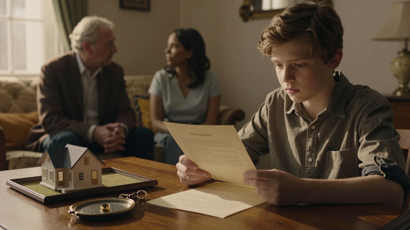 Rapaz sentado à mesa lê documento; maquete de casa e relógio à frente. Duas pessoas conversam ao fundo no sofá.