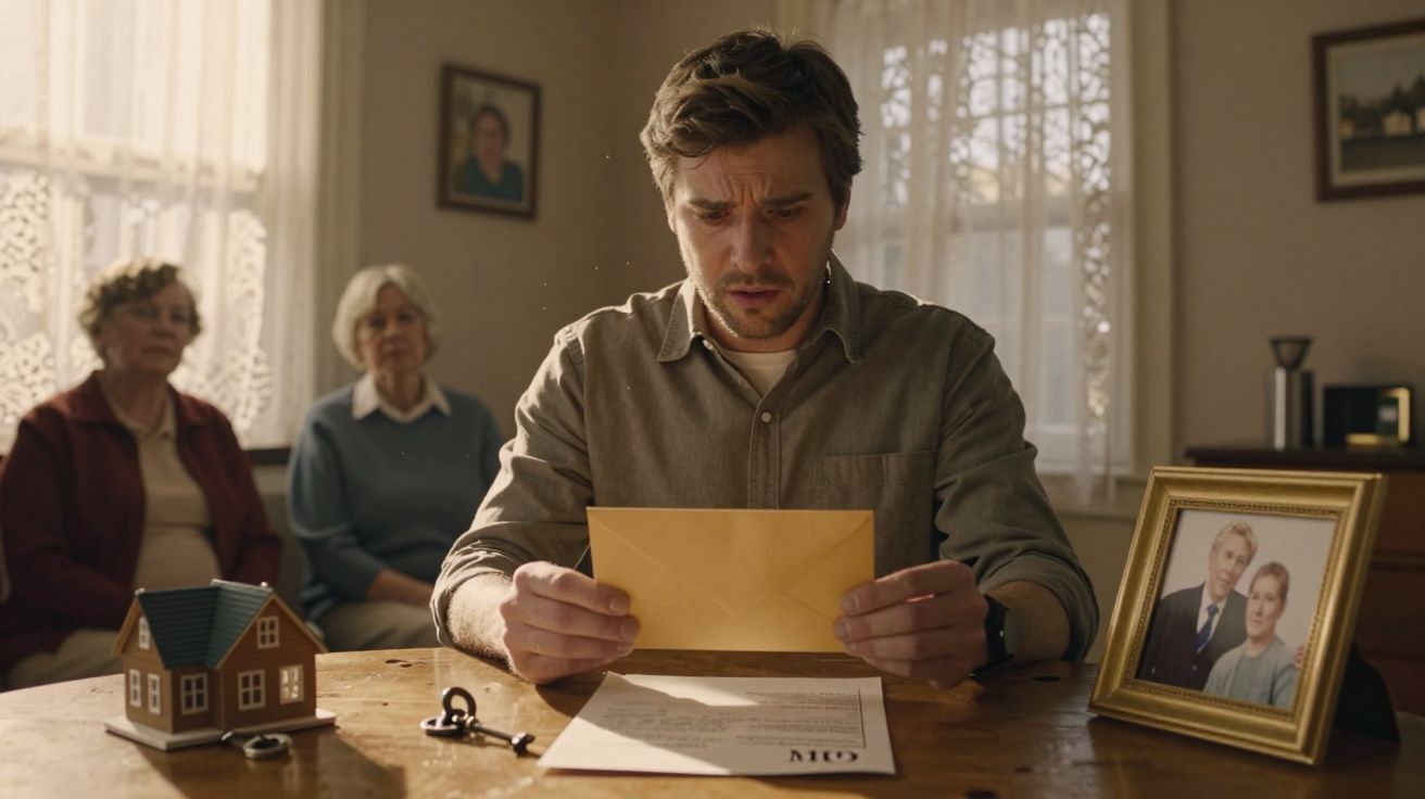 Homem preocupado segura envelope em mesa com modelo de casa, chave e foto antiga; duas pessoas ao fundo.