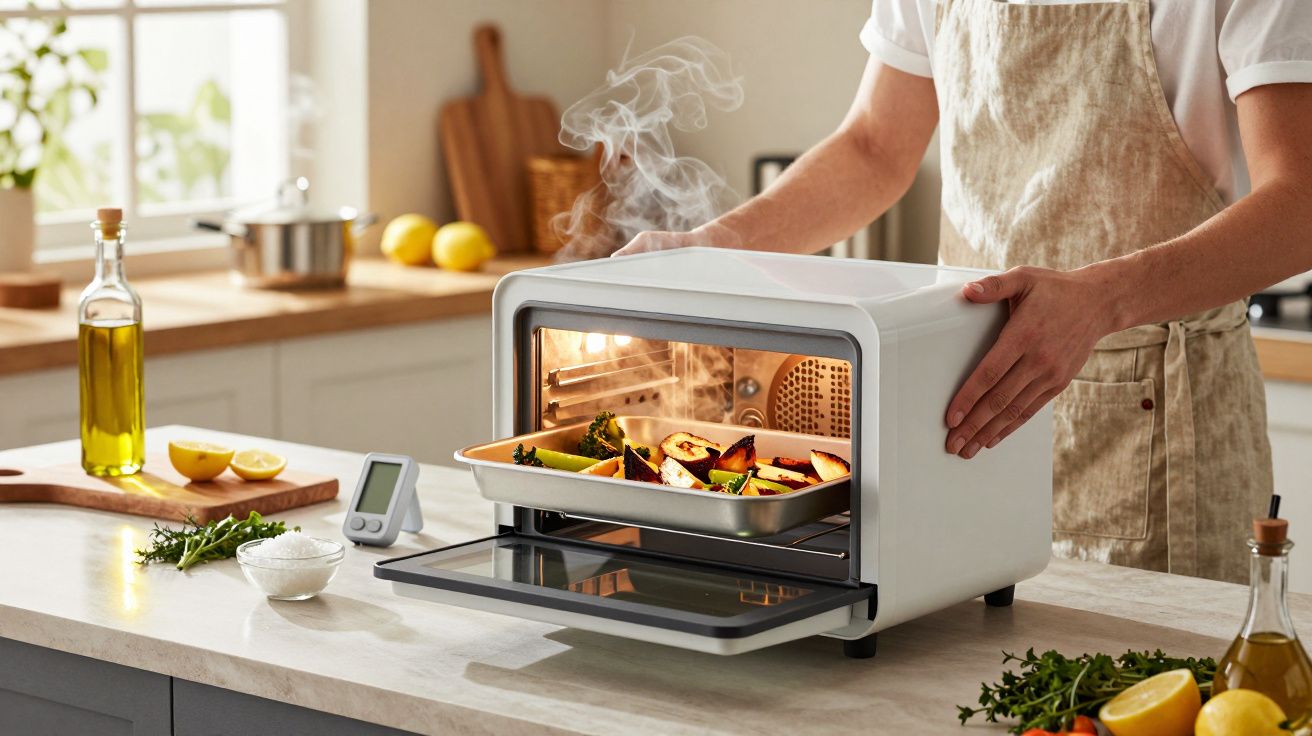 Pessoa retira travessa com legumes assados de um forno na cozinha.