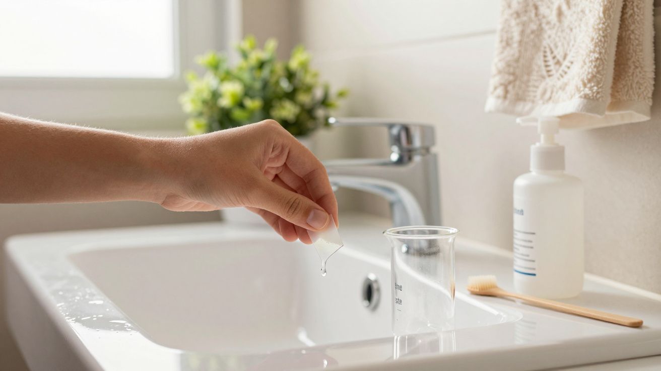 Mão segurando pedaço de vidro sobre lavatório, com planta e dispensador de sabão ao fundo.