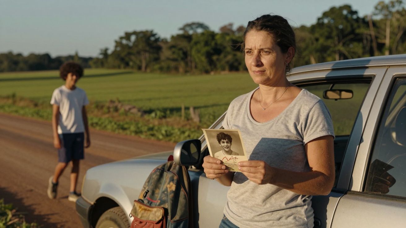 Mulher junto a carro segura foto antiga; rapaz ao fundo caminha na estrada de terra cercada por vegetação.