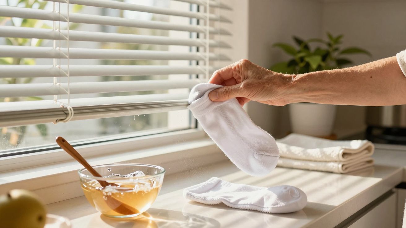 Mão segura uma meia branca junto a janela com persiana, ao lado de uma tigela de mel e toalhas dobradas.
