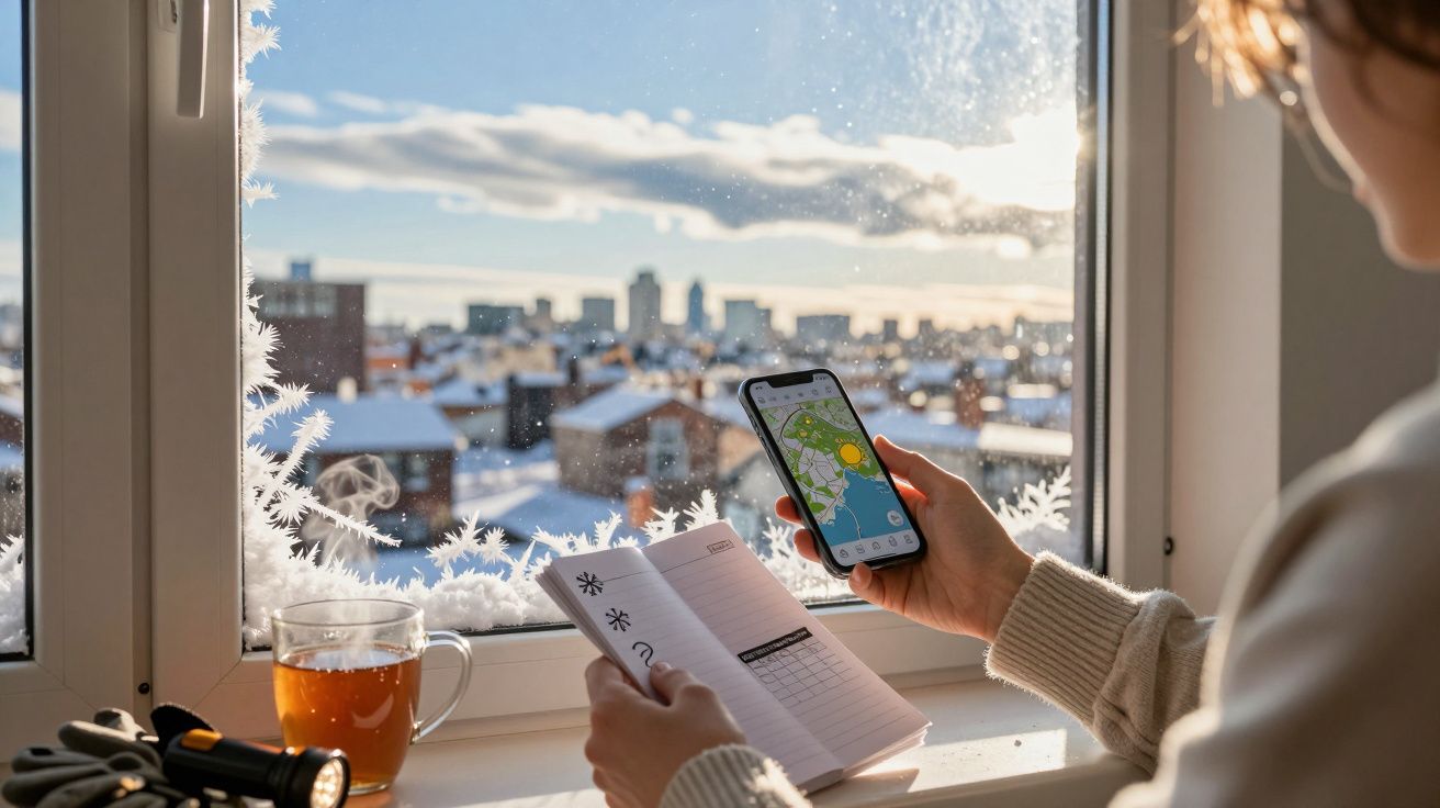 Pessoa junto à janela com neve, segurando telemóvel e caderno, chá na mesa, vista urbana ao fundo.