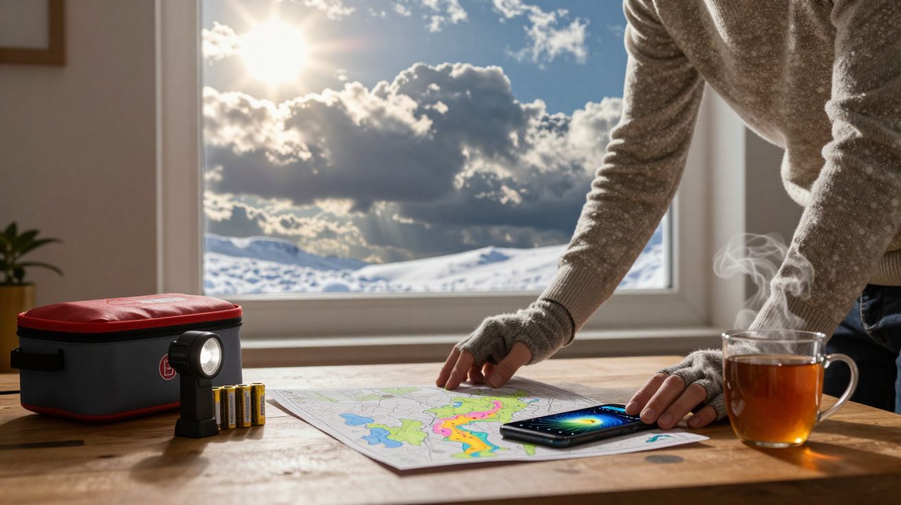Pessoa consulta mapa com chá, lanterna e telemóvel sobre a mesa; pela janela vê-se neve e sol brilhante.