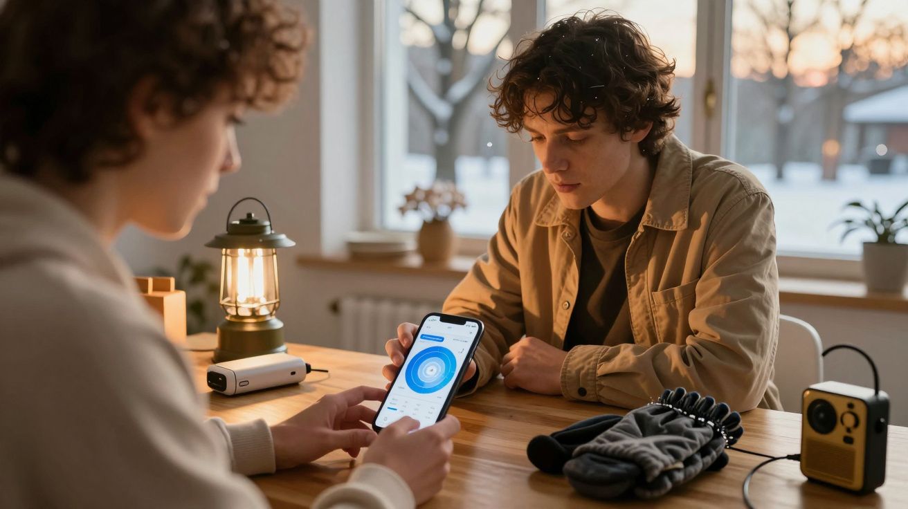 Duas pessoas sentadas numa mesa, a olhar para um smartphone. Na mesa, uma lanterna e luvas. Cenário de inverno ao fundo.