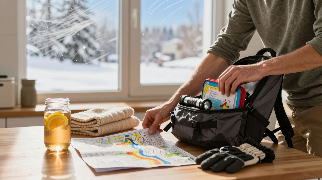 Pessoa a fazer mochila com mapa, lanterna e luvas numa mesa, perto de copo com limonada e janela com neve lá fora.