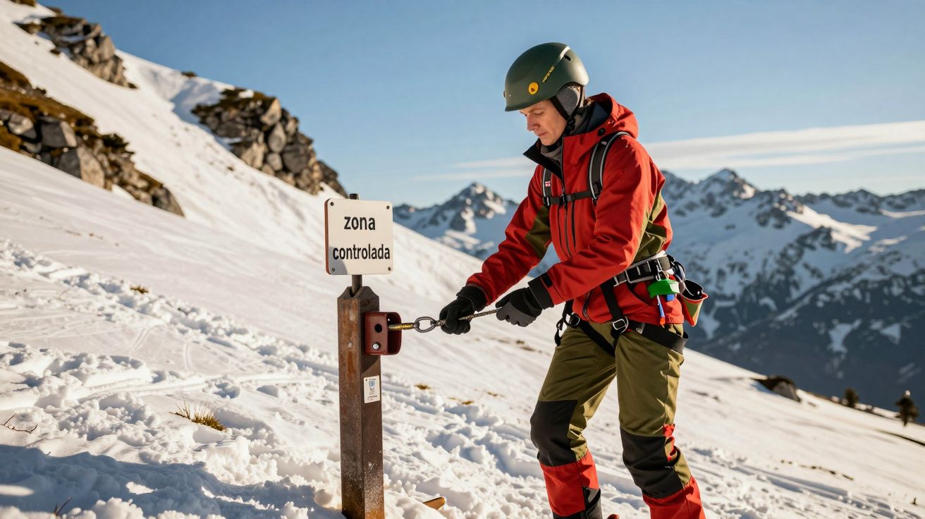 Homem de capacete ajusta sinal de "zona controlada" numa montanha com neve e céu azul.